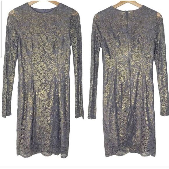DRESS THE POPULATION Purple Lace Lined Long Sleeve Dress Size Small - Picture 1 of 4